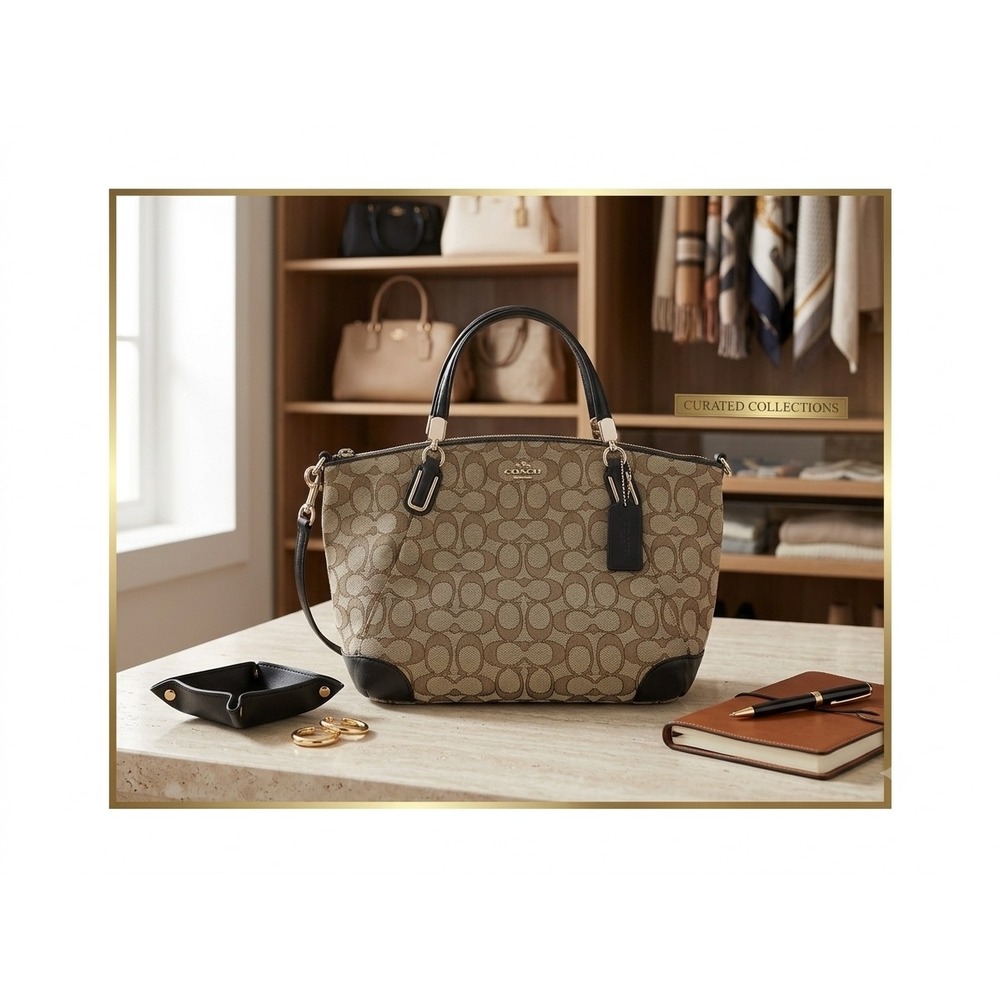 Coach Signature C Monogram Canvas Satchel Bag Khaki‎ Brown Black Trim